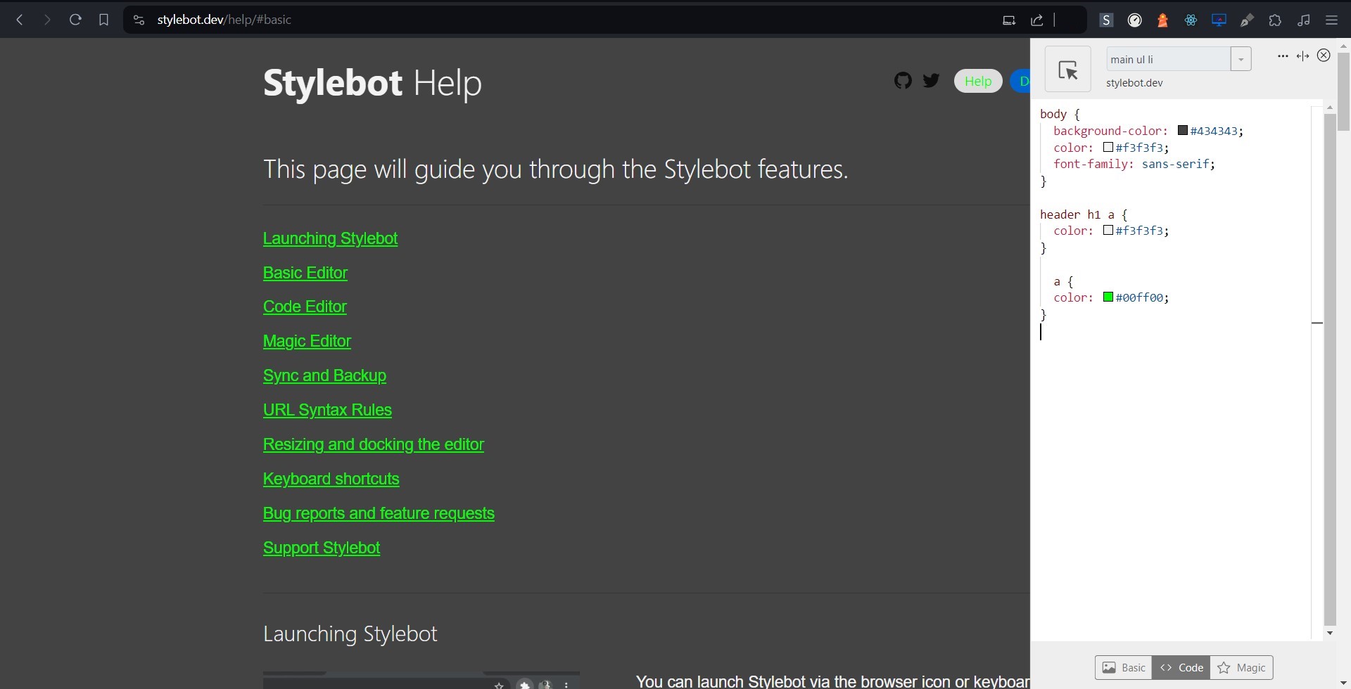 change website style in browser stylebot website